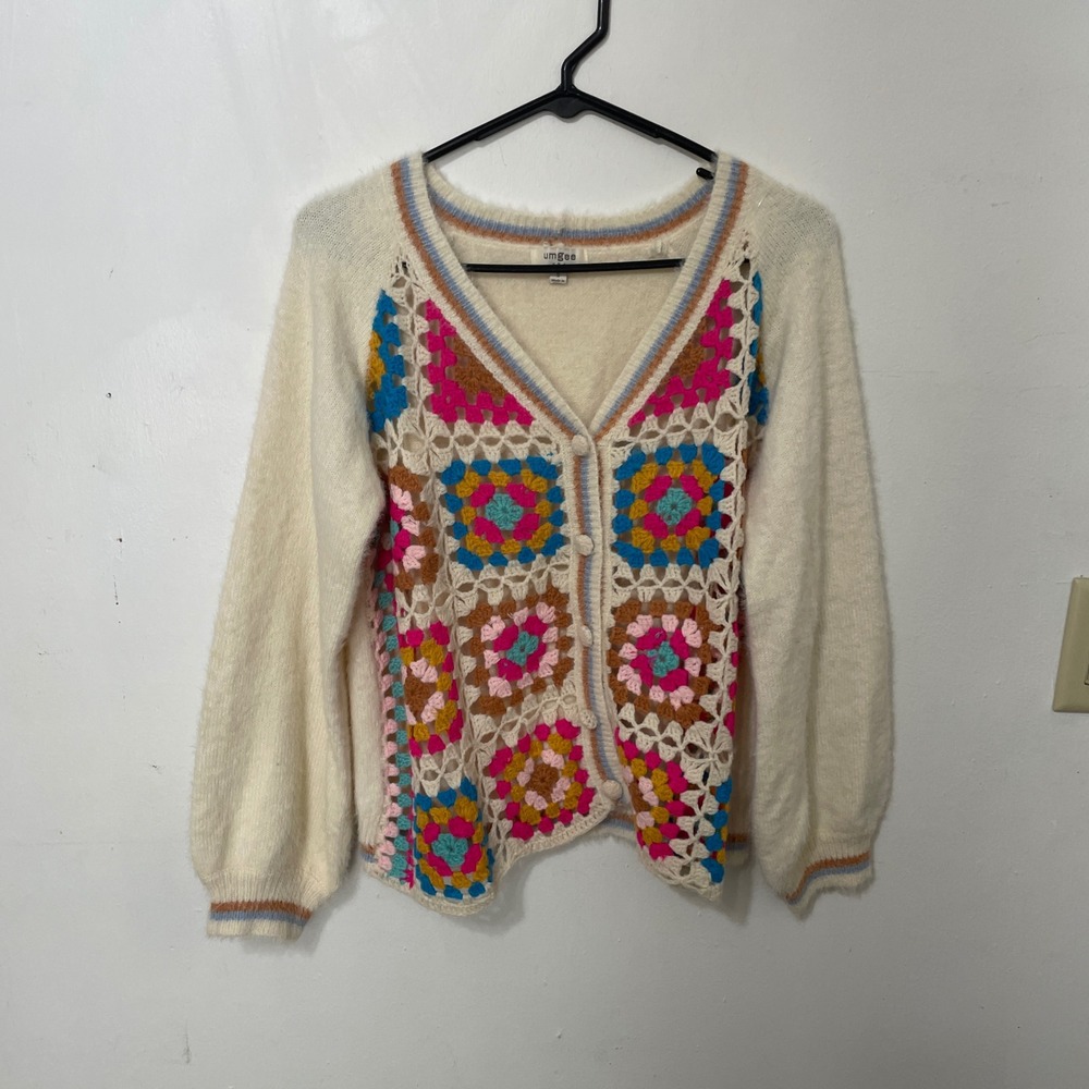 Umgee USA Womens Small Granny Square Crochet Cardigan Fuzzy Knit Cream - Picture 2 of 6